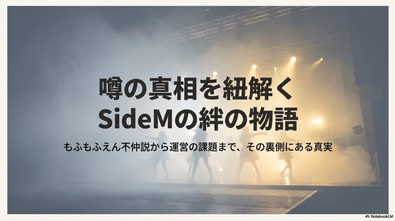 「噂の真相を紐解く SideMの絆の物語」というタイトルで、もふもふえん不仲説から運営の課題まで、その裏側にある真実を解説することを伝えるメイン画像