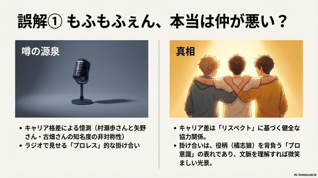 キャリア格差やラジオでの掛け合いが誤解を生む原因であることと、実際はリスペクトに基づく健全な協力関係であることを対比させたスライド