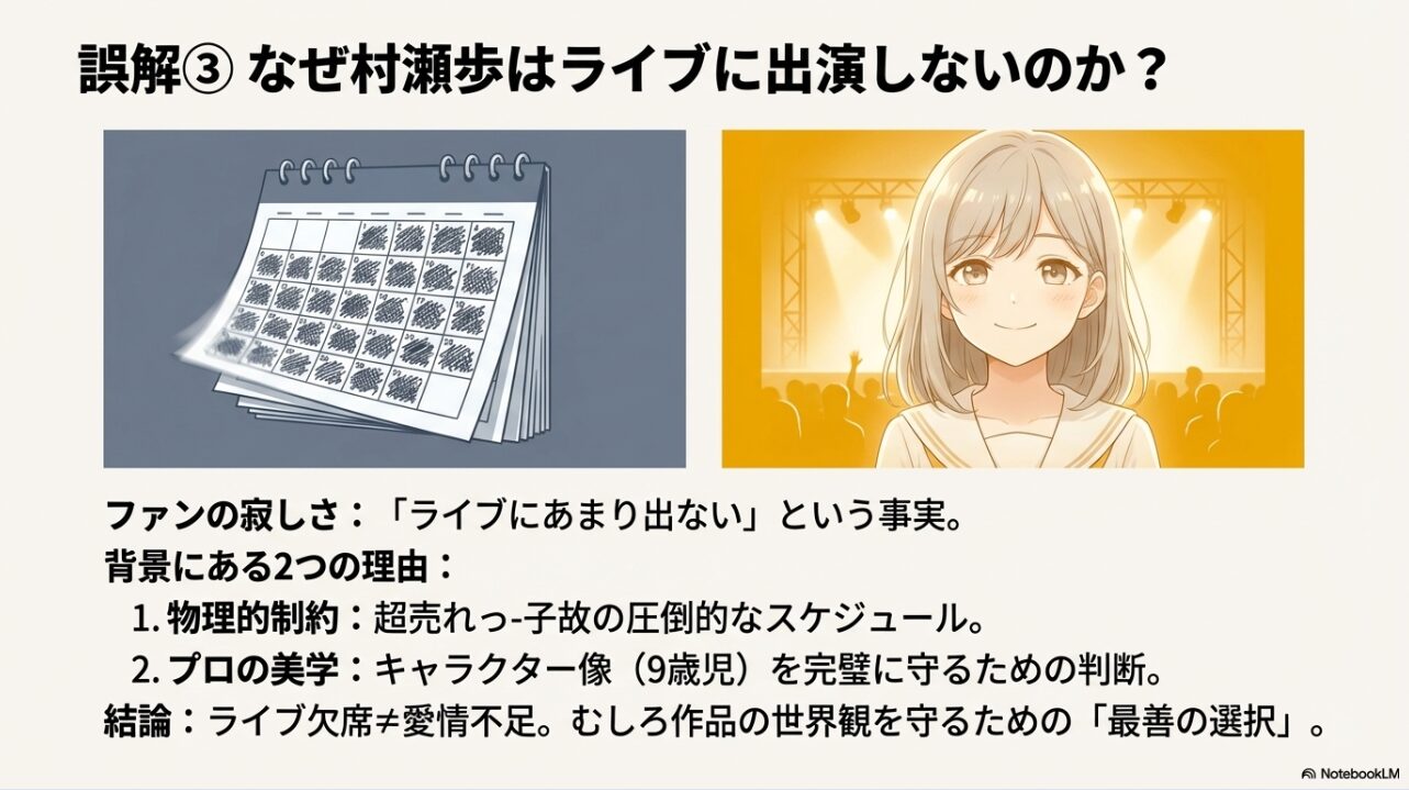 カレンダーのイラストと共に、圧倒的なスケジュールと9歳児のキャラクター像を守るプロの美学が出演制限の理由であることを示すスライド