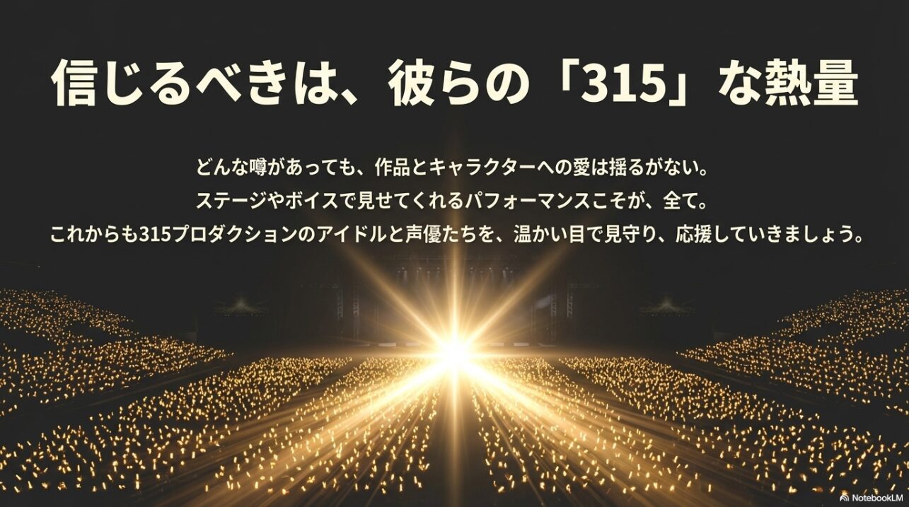 「信じるべきは、彼らの『315』な熱量」というメッセージと共に、噂に惑わされずステージやボイスでのパフォーマンスを温かく応援し続けることを促すスライド