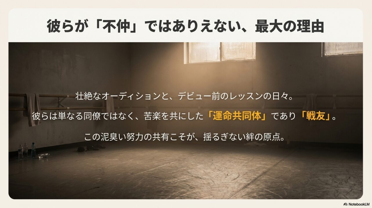 単なる同僚ではなく、苦楽を共にした「運命共同体」として泥臭い努力を共有したことが揺るぎない絆の原点であることを記した図