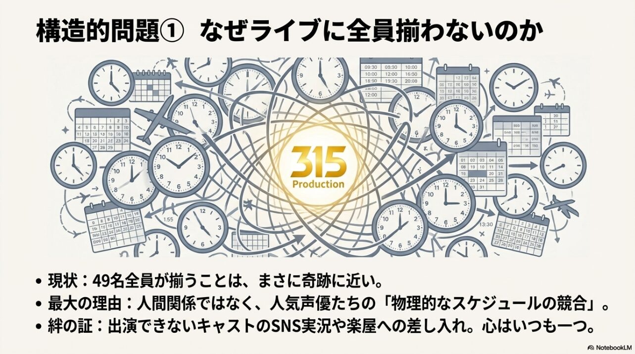 多数の時計が重なり合う背景に、不仲ではなく物理的なスケジュールの競合が全員揃わない最大の理由であることを説明する図解