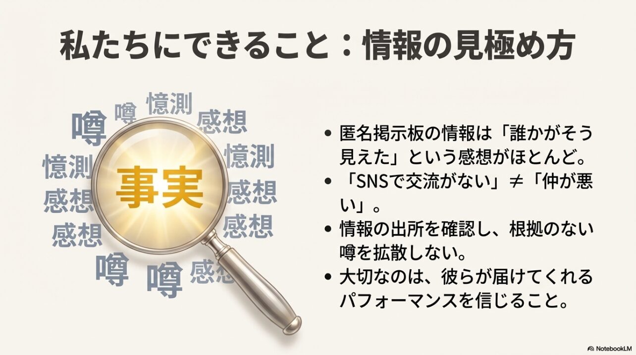 匿名掲示板の情報は主観的な「感想」に過ぎず、SNSの交流の有無が仲の悪さを意味しないことを説明し、パフォーマンスを信じることを促す図