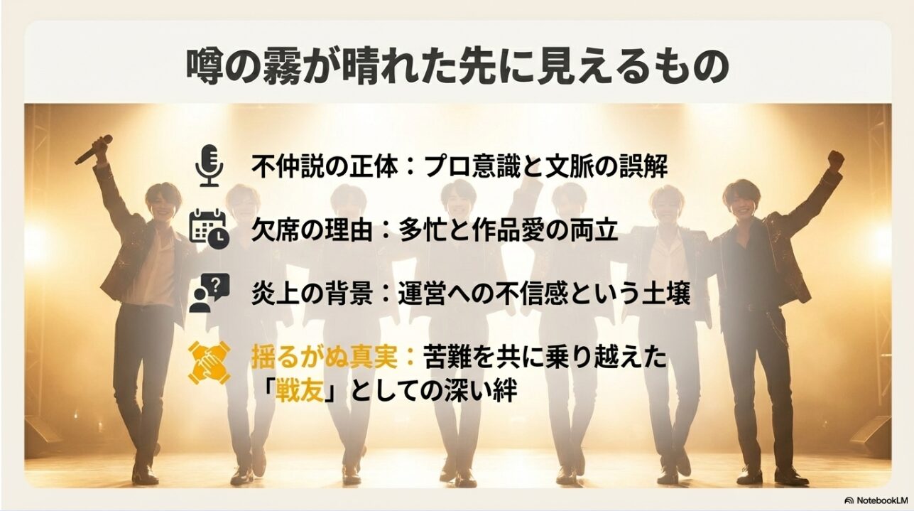 不仲説の正体、欠席の理由、炎上の背景を総括し、揺るがぬ「戦友」としての深い絆を結論づけるスライド