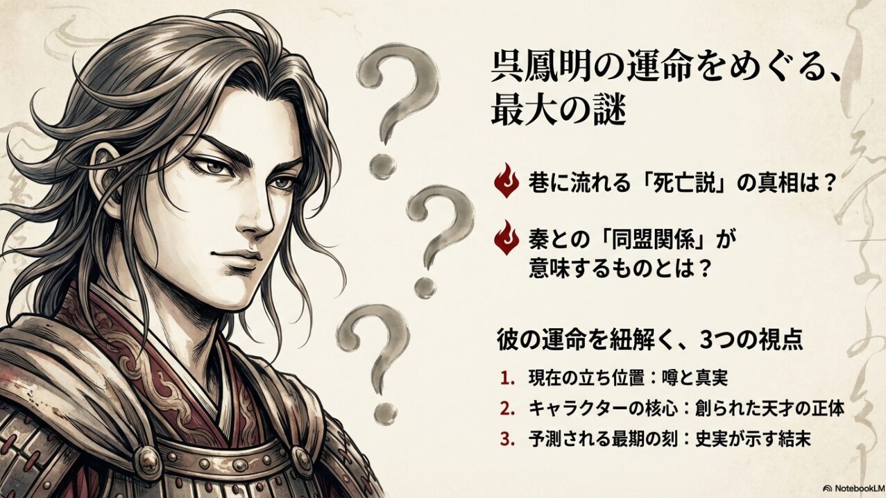 呉鳳明の死亡説、秦との同盟、史実が示す結末を解説するスライドの目次。