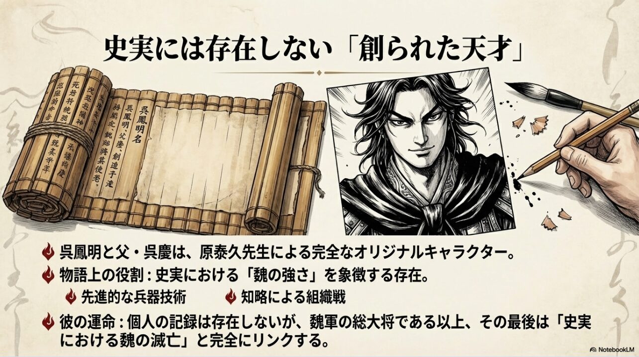 呉鳳明と父の呉慶が原泰久先生によるオリジナルキャラクターであることと、物語上の役割を説明する資料。