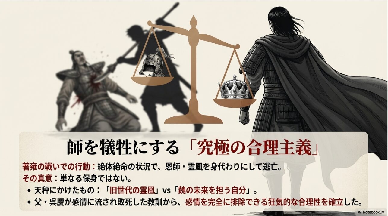 天秤にかけられた「旧世代の霊凰」と「魏の未来」。呉鳳明が感情を排除して合理性を確立したことを示す図解。