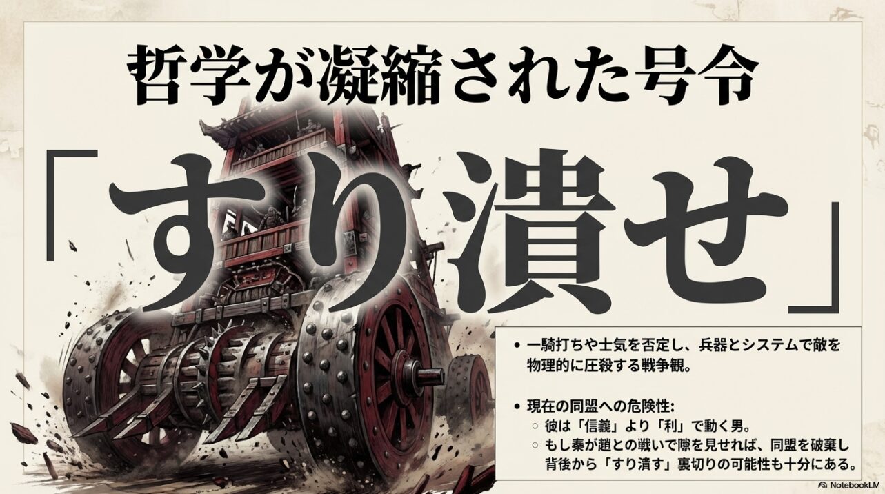 兵器とシステムで敵を圧殺する呉鳳明の号令「すり潰せ」と、利で動く彼が秦を裏切る可能性についての解説。