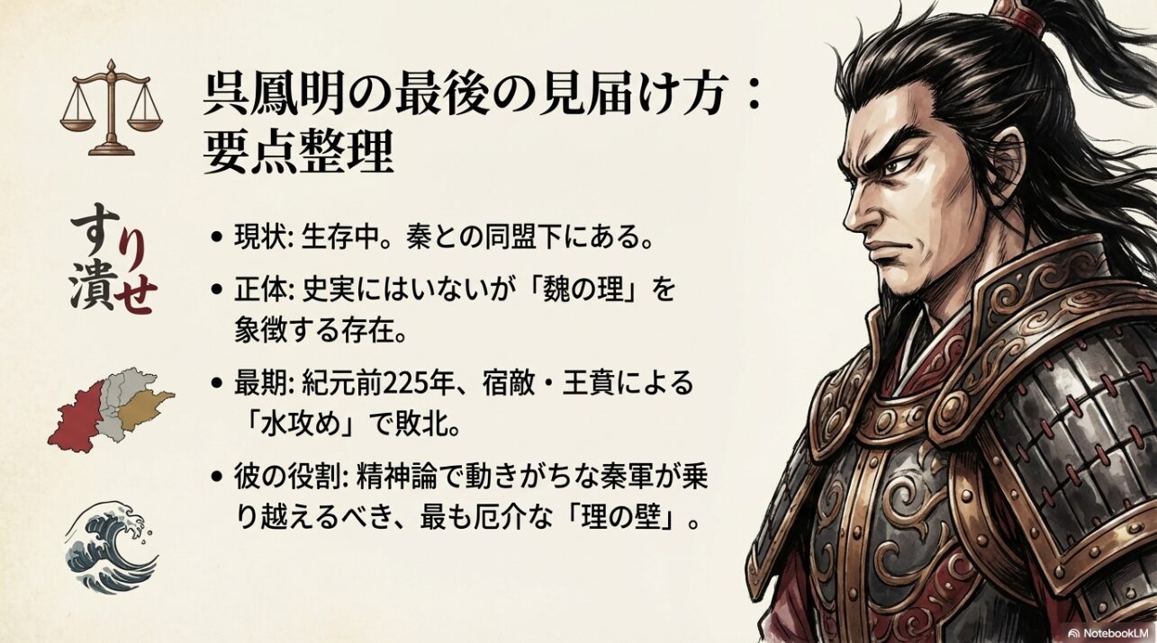 生存状況、正体、最期、役割の4項目をまとめた、呉鳳明のキャラクター総括スライド。