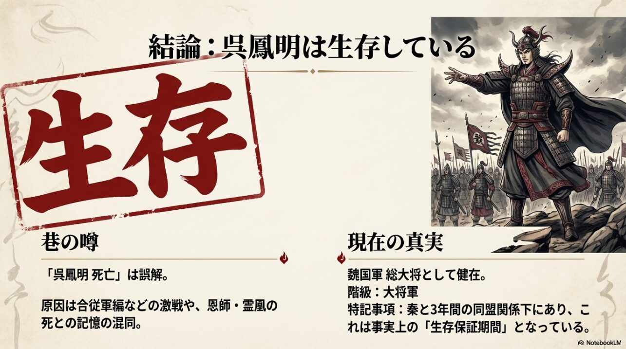 呉鳳明は生存しているという結論。魏国軍総大将としての姿と秦魏同盟による生存保証についての解説。