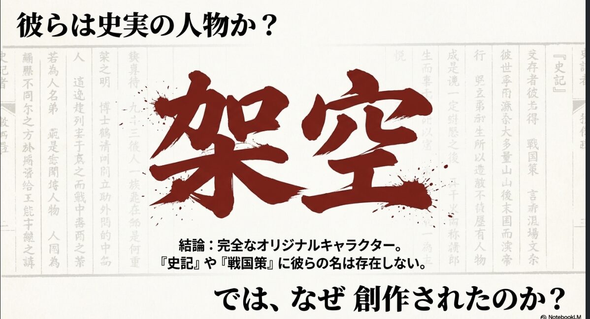 史記や戦国策に名前が存在しないことを説明する、倉央と糸凌の完全オリジナルキャラクター証明スライド