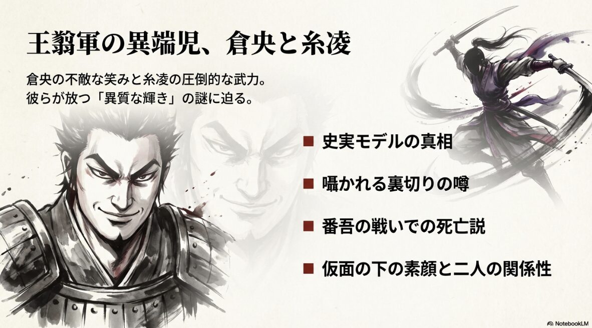 キングダム王翦軍の将軍・倉央と糸凌のイラスト。不敵な笑みを浮かべる倉央の姿と共に、史実モデルの有無、裏切りの噂、番吾の戦いでの死亡説など、二人の謎と運命を解説するブログ記事のアイキャッチ画像。