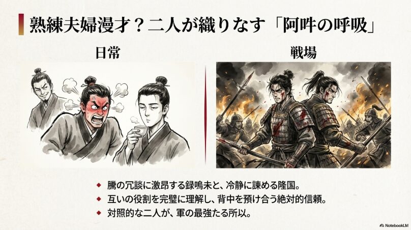 騰の冗談に激昂する録嗚未と、それを冷静に諌める隆国の信頼関係を描いたスライド