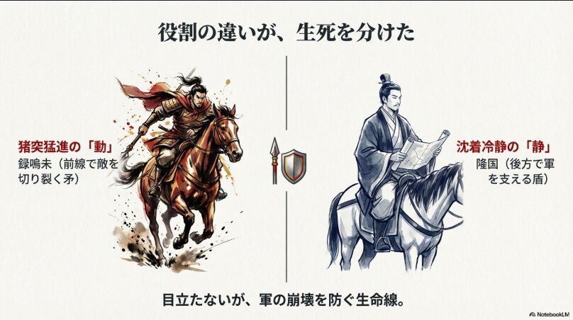 猪突猛進の録嗚未(動)と沈着冷静の隆国(静)の役割の違いを解説する比較画像