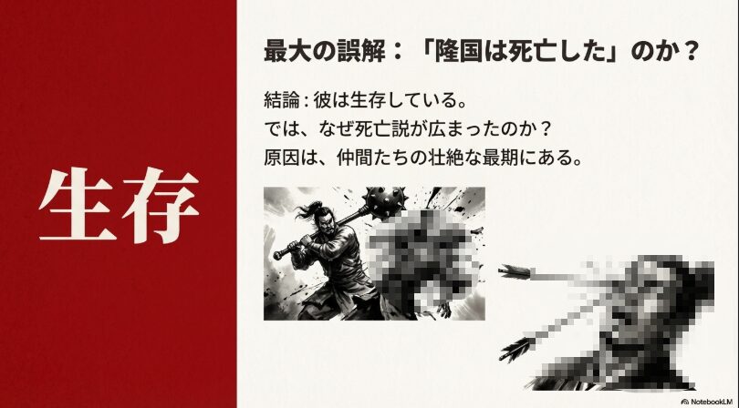 隆国は生存しており、死亡説の原因が仲間の壮絶な最期にあることを解説するスライド