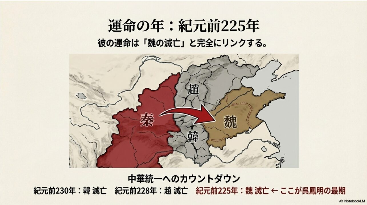 中国全土の地図と、韓・趙・魏の滅亡年表。紀元前225年の魏滅亡が呉鳳明の最期となる予測図。