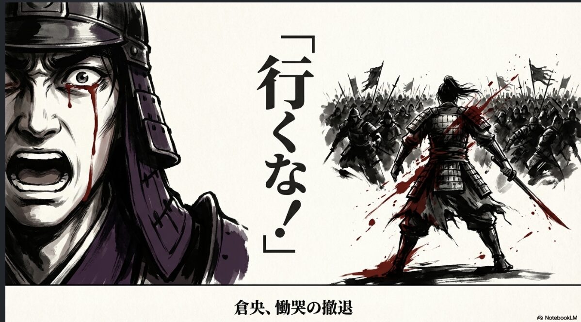 糸凌を戦場に残し、血の涙を流して撤退を指示する倉央の慟哭を表現したスライド