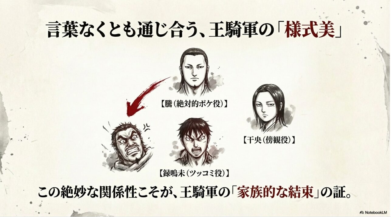 騰（ボケ）、録嗚未（ツッコミ）、干央（傍観）という王騎軍軍長の絶妙な関係性図解