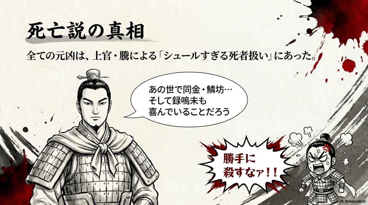 騰が録嗚未を死者として扱うシュールなシーンと録嗚未の「勝手に殺すな」という突っ込み