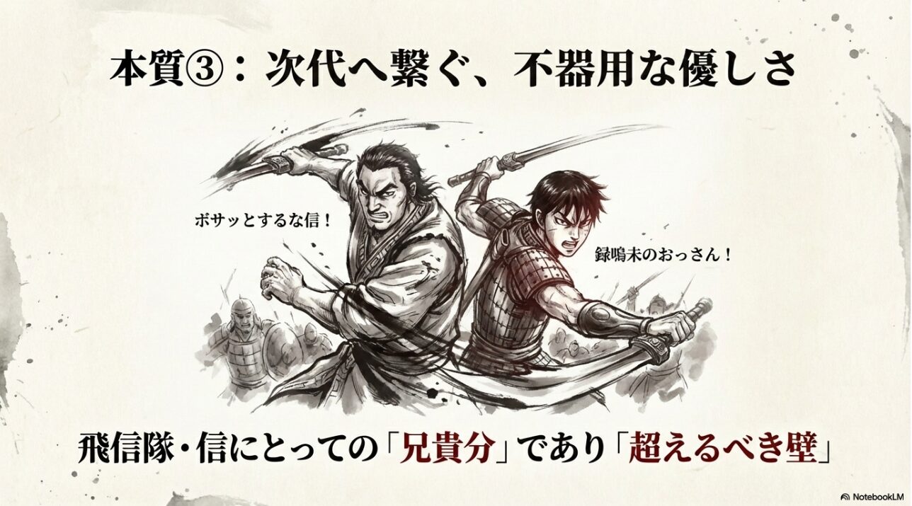 飛信隊の信にとって兄貴分であり、超えるべき壁である録嗚未との共闘シーン